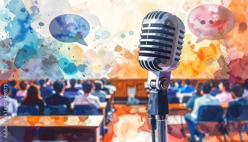 Professional microphone on stage in front of blurred audience with creative watercolor speech bubbles concept, microphone