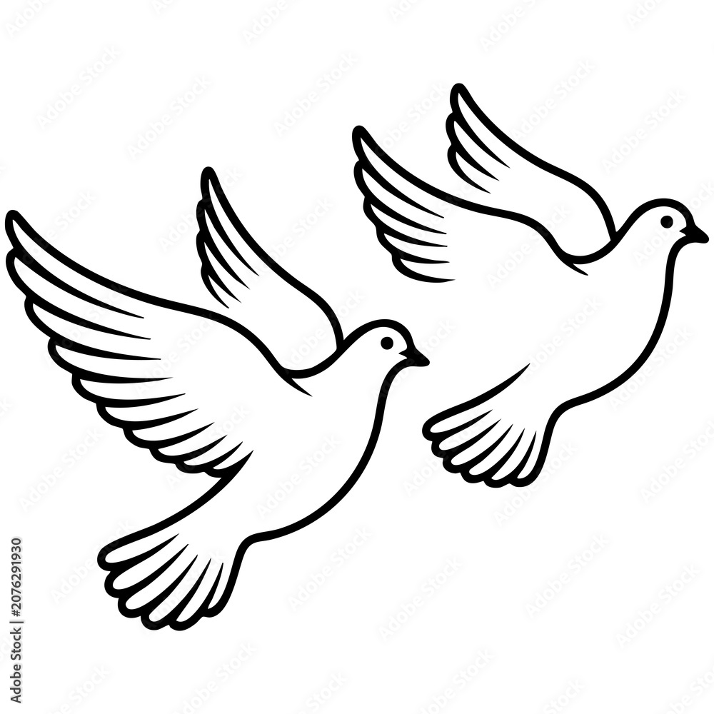 Fototapeta premium Minimalist Flying Dove Pair Illustration With Elegant Continuous Line Art And Spread Wings Isolated on a Transparent or White Background