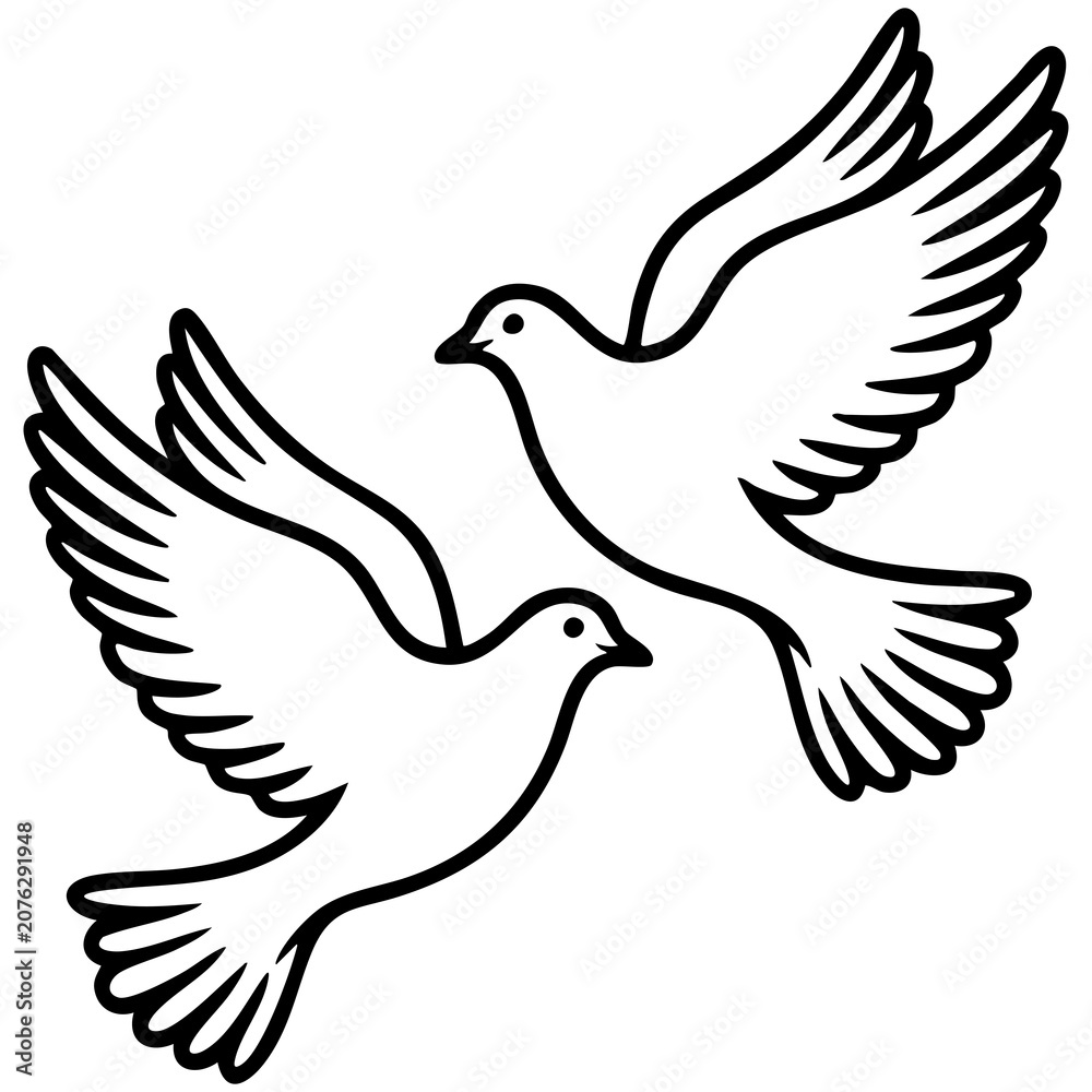 Fototapeta premium Elegant Dove Duo Artwork With Flowing Outline Design And Symmetrical Wing Composition Isolated on a Transparent or White Background
