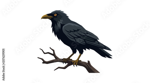 Obraz na plátně Dark raven perched on winter tree branch, spooky silhouette suitable for halloween designs, gothic themes, and wildlife illustrations