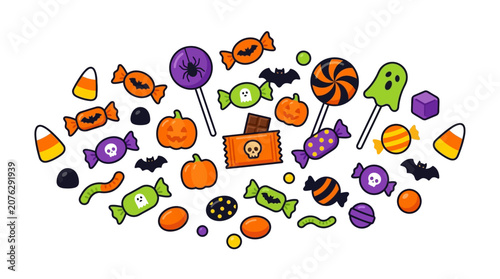 Canvas Print Spooky halloween candy assortment with pumpkins, bats, ghosts, and chocolate treats perfect for themed holiday designs and marketing materials