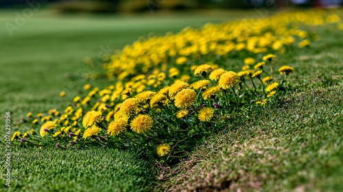 Edge of a manicured lawn with bright yellow dandelions and wildflowers growing.