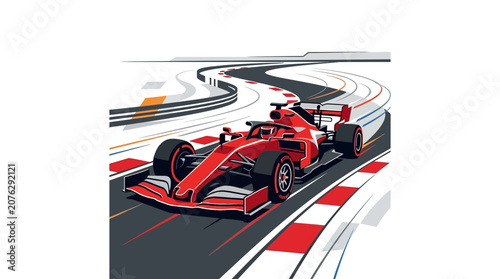 Red formula race car speeds around sharp asphalt corner with white markings, suitable for sports events or automotive design projects.
