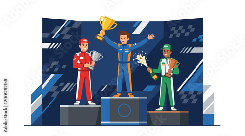 Photos Adrenalinefilled moment captures victorious race car drivers joyfully hoisting trophies and spraying champagne perfect for sportsthemed designs and promotions
