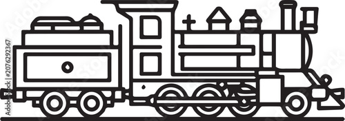 Tableau sur toile A detailed line art illustration depicts a classic steam locomotive, complete with tender, showcasing intricate mechanical details and historical charm