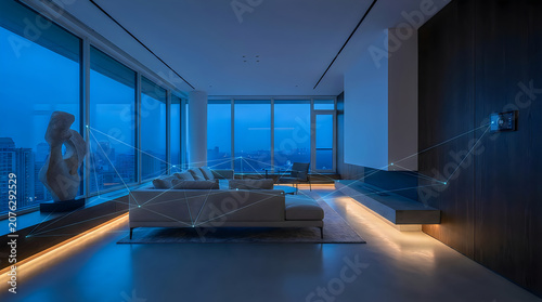 Modern luxury high-rise apartment living room at twilight with high end interior design apartment twilight interior