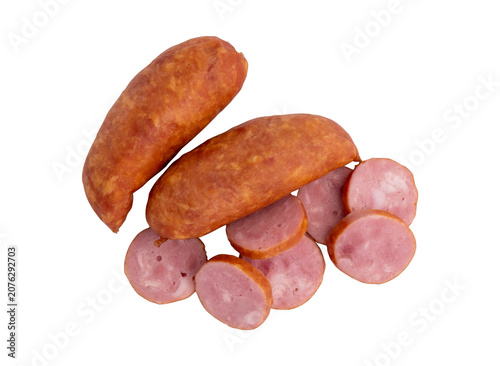 smoked sausages isolated on white background, top view, close up, traditional meat sausages with natural garlic aroma, shot photo for package design, template