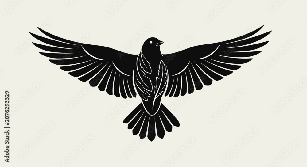 Fototapeta premium Detailed black bird silhouette with wings spread in flight.