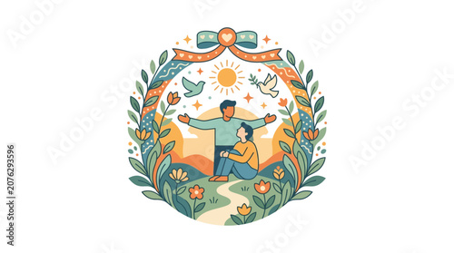 Couple Enjoying Scenic Outdoor View in Nature Emblem Illustration