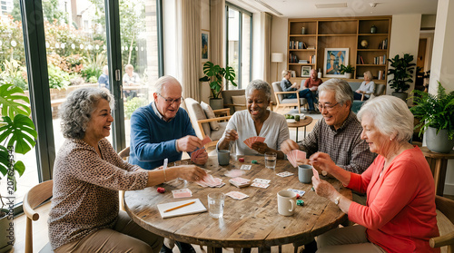 Group of happy senior friends playing cards together around wooden table with retirement happiness lifestyle together