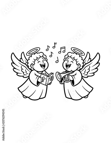 Schilderij op canvas Cute Angel Choir Coloring Page – Printable Black and White Outline Educational W