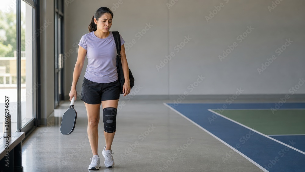 Obraz premium Pickleball injury young Mexican plus-size woman leaving an indoor