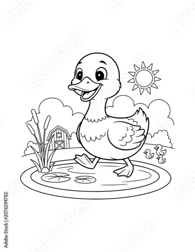 Konstfotografi Cute Cartoon Duck Waddling Coloring Page for Kids