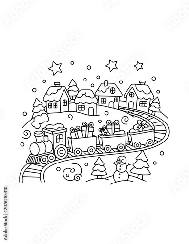 Simple Christmas Village Train Scene Coloring Page – Printable Black and White Outline Educational Worksheet for Kids