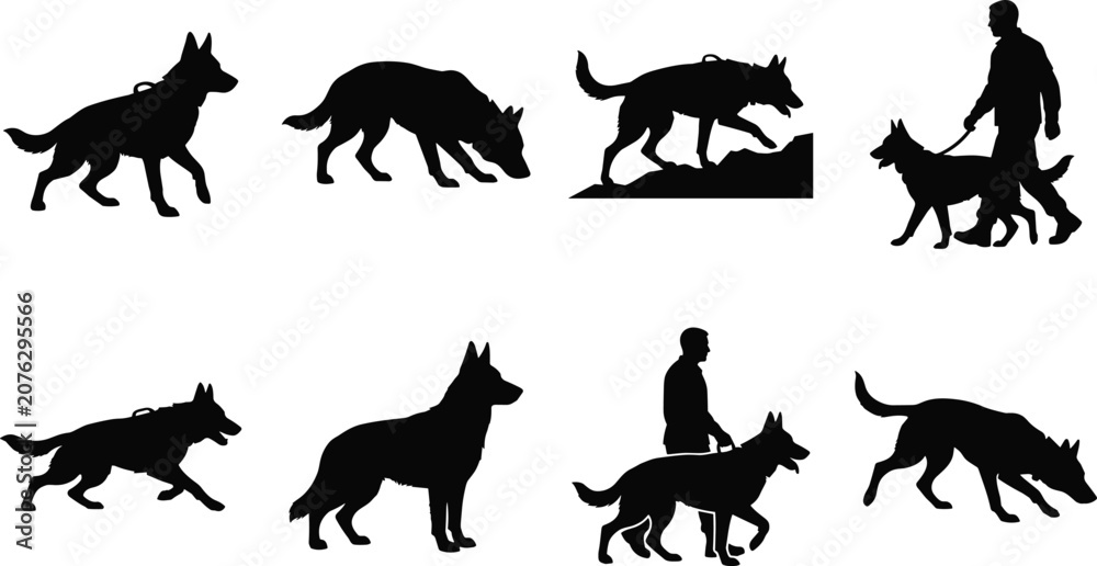 Obraz premium WebGerman Shepherd dog silhouette collection featuring various poses including running walking and training with a handler