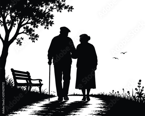 Elderly couple silhouette walking in a park with a white background