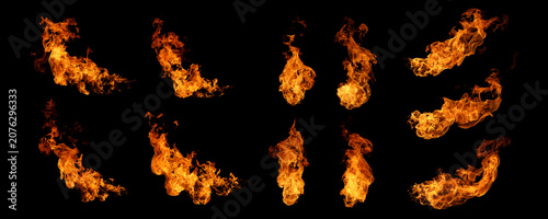 Cuadro en lienzo Collection of realistic fire flame overlays isolated on black background, featuring blazing fire effects, burning elements, heat, energy, transparent design assets, and cinematic visual effects