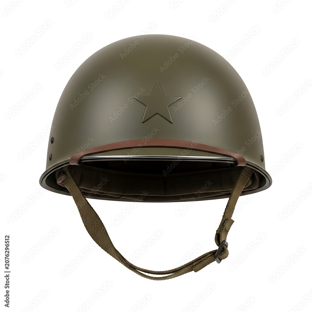 Fototapeta premium Vintage military helmet with distinctive markings and tan chinstrap