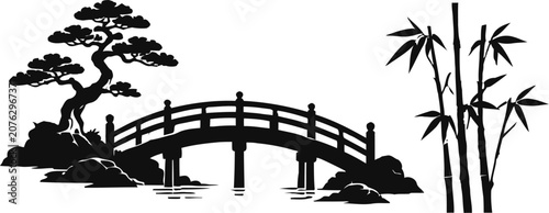 Foto Black silhouette of japanese bridge with bonsai and bamboo