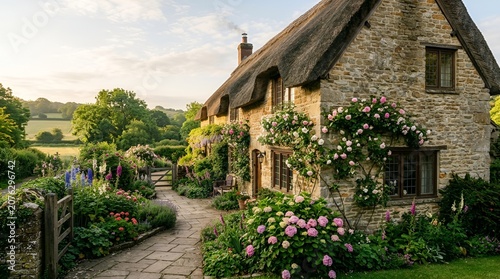 Charming english cottage with flower garden cottagecore countryside exterior blooming traditional architecture landscape charming residential lifestyle botanical beautiful peaceful