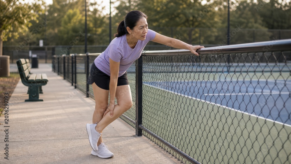 Fototapeta premium Pickleball injury midlife Vietnamese woman leaning on court fence