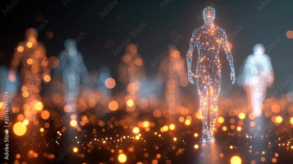 Obraz premium Glowing digital human outlines walk through bokeh lights in a dark abstract space