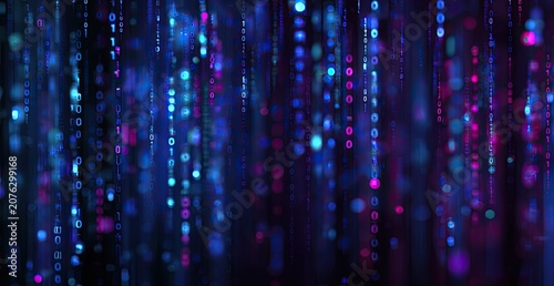 Abstract digital rain of glowing binary code streams in blue and magenta