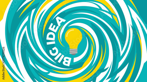 Canvastavla A swirling teal and yellow abstract illustration of a lightbulb with the words BIG IDEA