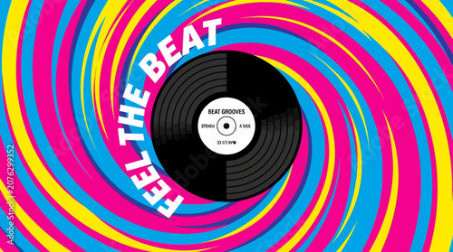 Obraz na plátně Vibrant swirling record with colorful waves and text Feel The Beat around it