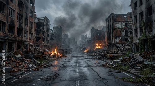 Destroyed city street with damaged buildings and fire smoke after a war conflict in a dark and sad urban landscape