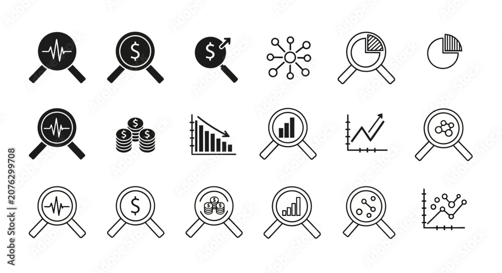Fototapeta premium Business finance icons, 20 black and white line style symbols, money, statistics, and analysis graphics, for commercial use