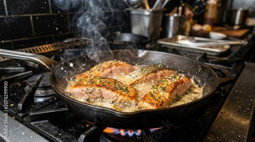 Fresh salmon fillets with vegetables cooking in a hot black cast iron skillet on a stove in a professional restaurant kitchen