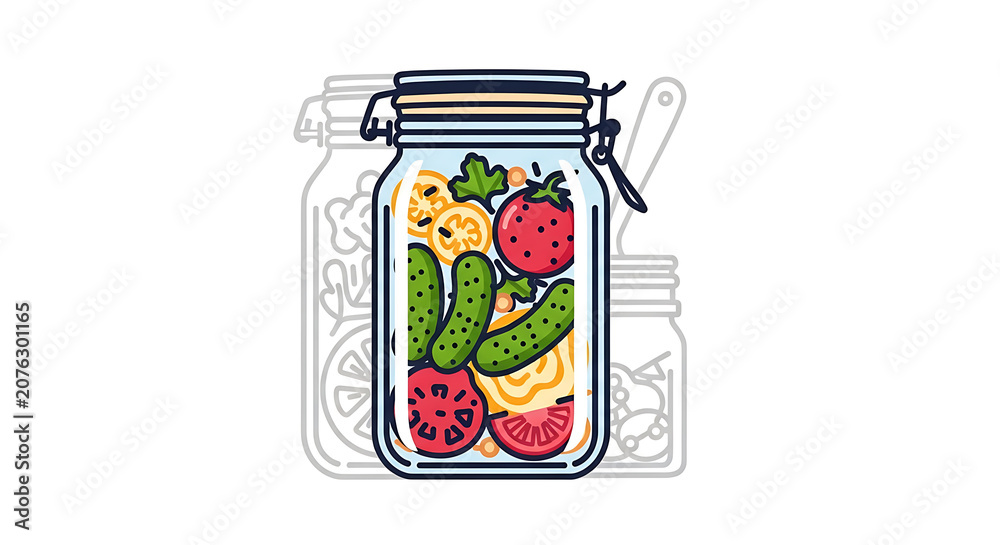 Obraz premium Pickled vegetables in a glass jar, vector illustration of preserved food