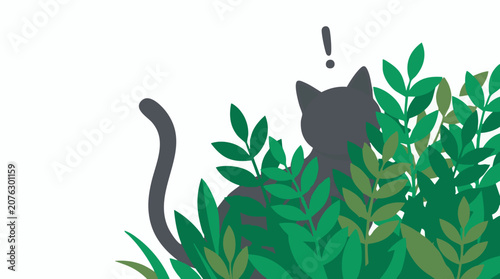 Sticker Minimalist illustration of a cat hiding in green foliage with an exclamation mar