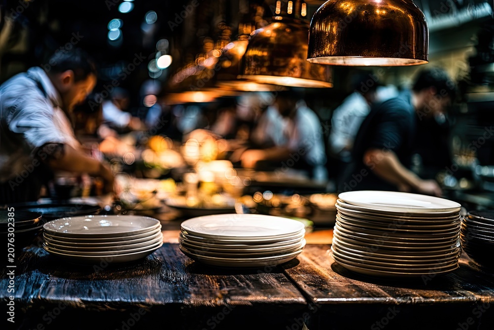 Obraz premium Plates stacked on a rustic table in a dimly lit, busy restaurant kitchen