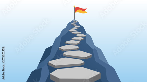Flat vector illustration of stepping stone path climbing a blue mountain toward red flag on peak, symbolizing goals, progress, ambition, achievement, success journey and strategic growth
