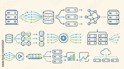 Big data processing line icon set with server stacks, database clusters, parallel computing nodes, streaming data flows, cloud sync, analytics pipelines and editable vector stroke diagrams