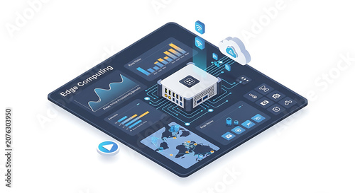 Isometric illustration of edge computing technology with data analytics dashboard and digital network