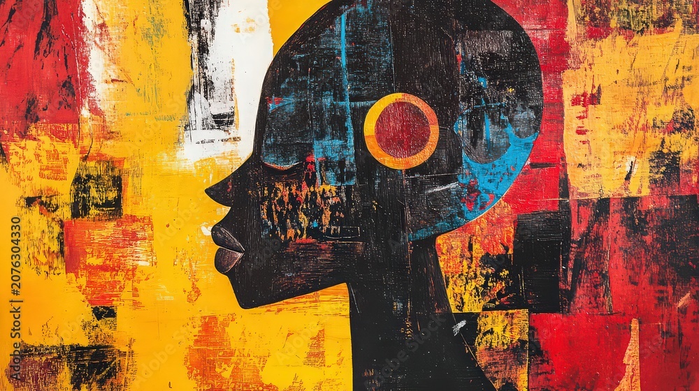 Fototapeta premium Abstract portrait of a person in profile with vibrant yellow, red, and black textured background