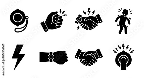 Cuadro en lienzo Shock and Electricity Icons: Handshake, Person, Stopwatch, Lightning Bolt, Wrist