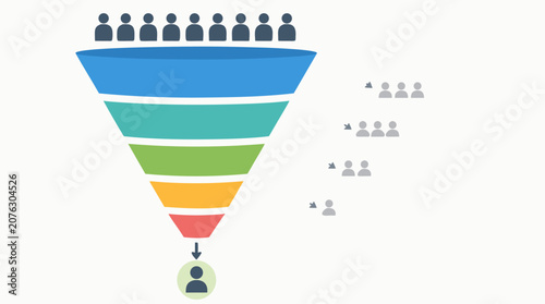 Modern sales conversion funnel vector illustration with five descending stages, audience attrition arrows, prospect drop-off groups and final customer icon for marketing performance analysis