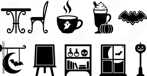 Halloween-themed vector illustration featuring spooky icons and symbols in line art style