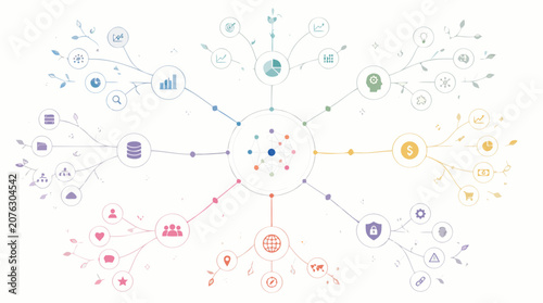 Delicate mind map analytics vector diagram with central network hub, colorful branching leaf nodes, business insights icons, data themes and abstract knowledge ecosystem for strategy planning