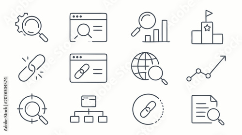 Editable stroke SEO icon collection with magnifiers, ranking bars, links, browser windows and analytics charts, clean outline vector symbols for search optimization and digital marketing