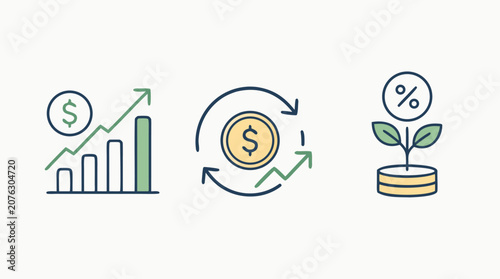 Capital gains thin line icon set showing ROI growth bars, reinvestment cycle, yield percentage, sprouting coins, profit arrows and financial return metrics in clean editable vector style