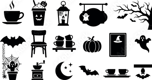 A detailed vector illustration featuring Halloween icons like pumpkins, bats, ghosts, and spooky decorations in line art style.