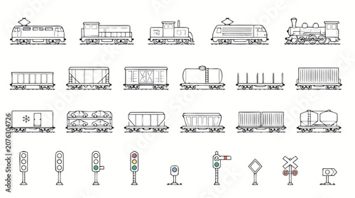 Cargo train thin line icon set with locomotives, freight wagons, tank cars, containers, car carriers, railway signals, crossing signs and logistics transport symbols in editable vector outline