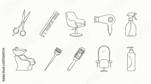 Hair salon thin line icon set with scissors, comb, styling chair, dryer, spray bottle, shampoo sink, coloring brush, mirror and lotion pump for beauty services in editable vector outline