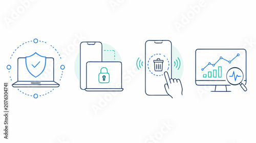 Endpoint protection thin line icon set with secure laptop shield, mobile lock, remote wipe gesture, device monitoring charts and threat detection dashboard in modern editable vector style