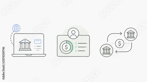 Online banking thin line icon set with laptop bank portal, secure account profile, balance statement and circular fund transfer arrows for digital finance in editable stroke vector style